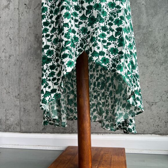 Ganni Green White Floral Wrap Dress Size 2 Hi-Lo Hem Romantic Boho Cottagecore - Picture 3 of 12